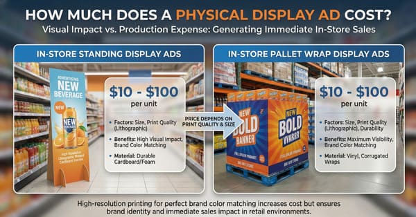 An infographic titled 'How Much Does a Physical Display Ad Cost?' comparing the expenses and features of in-store standing display ads and in-store pallet wrap display ads. Both display types cost between $10 and $100 per unit, with price depending on print quality and size. Standing displays, made of durable cardboard or foam, offer high visual impact and brand color matching. Pallet wrap displays, made of vinyl or corrugated wraps, provide maximum visibility and brand color matching. The image emphasizes that high-resolution printing is crucial for brand identity and sales impact in retail environments.