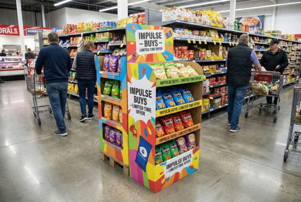 カラフルな多層段ボール製 POS (販売時点情報管理) ディスプレイ スタンドには、「IMPULSE BUYS - LIMITED TIME OFFER」という文字が印刷され、ドリトスやレイズなどのスナック チップ バッグの品揃えが、買い物客とカートを背景にして混雑したスーパーマーケットの通路に戦略的に配置され、衝動買いを促すように設計されています。.