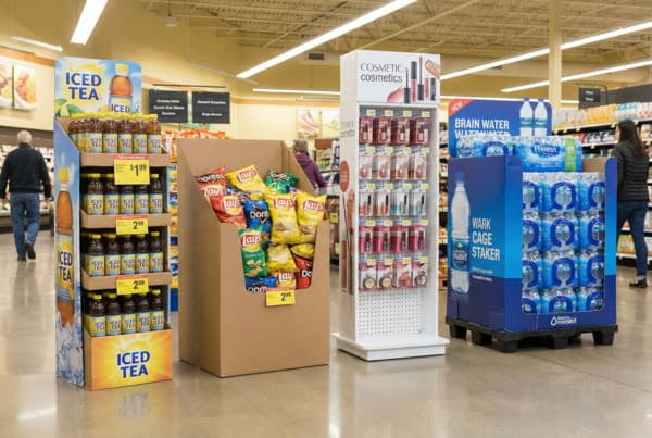 明るく照らされた広々とした食料品店の通路に、4 つの異なる小売用ディスプレイ ユニットが戦略的に配置されています。左から右の順に、背の高い青と黄色の多層段ボール ディスプレイには、黄色の値札が付いた多数のアイスティーのボトルが展示されています。大きな茶色の段ボール箱には、Lay's や Doritos チップスなどの各種スナック バッグが溢れています。光沢のある白い多層ディスプレイ スタンドには、口紅やマスカラなど、「COSMETIC cosmetics」というブランド名のさまざまな化粧品が並べられています。目立つ青いパレット ディスプレイには、「Brain Water」および「Tranquil」ブランドのボトル入り飲料水のケースと個装ボトルが複数置かれ、「MARK CAGE STAKER」という文字が見えます。磨かれた明るい色の床には頭上の蛍光灯が映り、背景では、左側を男性の買い物客が立ち去り、右側の遠くの棚の商品を見ている女性の買い物客が描かれており、典型的なスーパーマーケットの買い物環境を示しています。.
