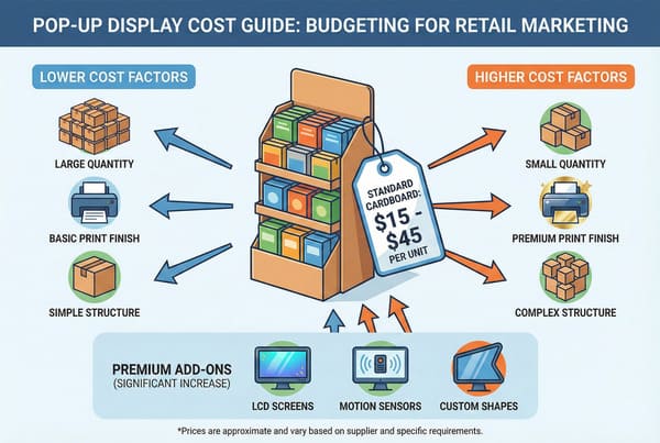 Infographic showing a pop-up display cost guide for retail marketing, outlining budgeting factors. It categorizes lower cost factors (large quantity, basic print finish, simple structure) and higher cost factors (small quantity, premium print finish, complex structure). A standard cardboard unit is estimated at $15-$45. Premium add-ons such as LCD screens, motion sensors, and custom shapes are highlighted as significant cost increases, aiding businesses in budgeting for retail displays.