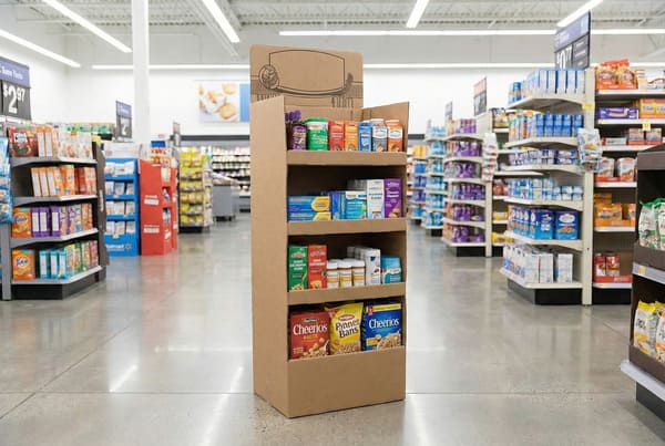 A brown cardboard point-of-sale display stand positioned in the middle of a brightly lit supermarket aisle, featuring multiple shelves stocked with a variety of consumer products including breakfast cereals, over-the-counter medications, and other packaged goods. Blurred shelves filled with various items line the background, indicating a busy grocery store environment.