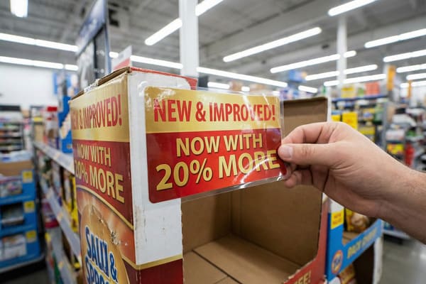 A close-up shot of a hand attaching a 'NEW & IMPROVED! NOW WITH 20% MORE' promotional sign to an empty cardboard product display box in a brightly lit supermarket aisle, highlighting retail marketing strategies.