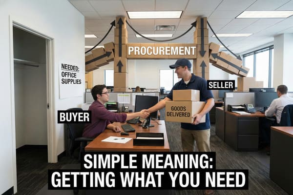 Vista aérea detallada de un entorno de oficina moderno que ilustra el proceso de compras. Un comprador, con gafas y camisa a cuadros, se sienta en un escritorio y estrecha la mano de un vendedor, vestido con polo azul y gorra, quien entrega dos cajas de cartón marrones con la etiqueta explícita "MERCANCÍA ENTREGADA". Sobre ellas, se muestra una elaborada representación visual del flujo de trabajo de "COMPRA" mediante cajas de cartón apiladas y ordenadas con flechas negras que indican movimiento. Un letrero blanco en la pared izquierda indica claramente "SE NECESITA: MATERIAL DE OFICINA". La parte inferior de la imagen presenta un texto blanco prominente sobre fondo negro que dice "SIGNIFICADO SIMPLE: CONSEGUIR LO QUE NECESITA", enfatizando el concepto central de obtener los artículos necesarios para las operaciones comerciales. El fondo muestra a otros empleados trabajando en cubículos, lo que resalta un entorno corporativo típico para la gestión de la cadena de suministro y la adquisición de material de oficina.