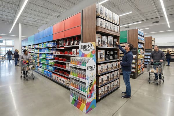 A brightly lit, modern supermarket interior with a polished concrete floor and high white ceilings. Shoppers are seen browsing wide aisles, including a man in a blue sweater examining coffee makers on a wooden display, and a woman pushing a shopping cart past shelves stocked with cleaning supplies and red cookware. A prominent 'HYDRA-Z ENERGY' drink display stands in the foreground, adding a pop of color.