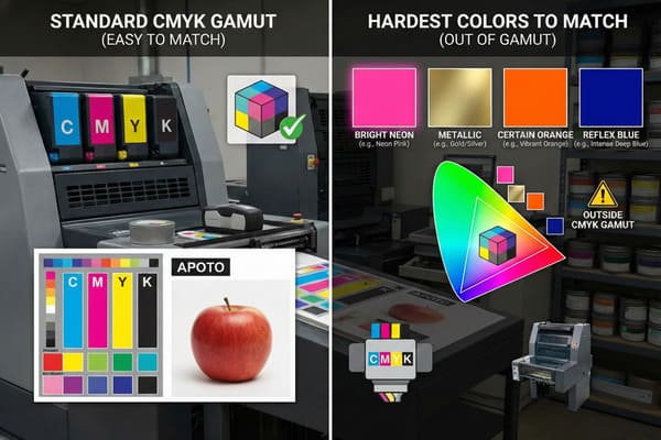 An infographic comparing standard CMYK color gamut, which is easy to match, with hardest colors to match that are out of gamut. The left side shows a printing press with CMYK ink cartridges, a color test chart, and a vibrant red apple, all representing colors within the CMYK gamut. A 3D color cube with a green checkmark symbolizes successful CMYK reproduction. The right side highlights challenging colors like bright neon pink, metallic gold, vibrant orange, and intense deep blue, illustrating how these fall 'outside CMYK gamut' with a 3D color space diagram. It demonstrates a 'failed CMYK match' resulting in duller colors and a 'successful spot match' using a specialized printing press with expensive spot inks for accurate color reproduction.