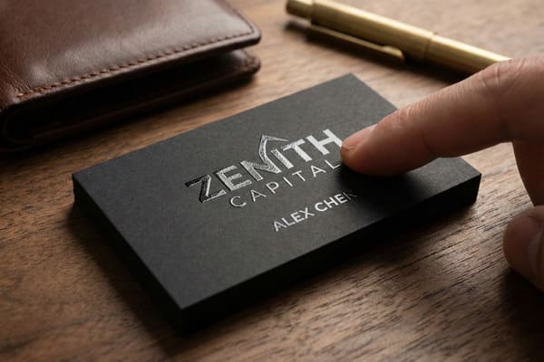 高級感のあるマットブラックの名刺の束に指が優しく触れているクローズアップ。シルバーの箔押しで「Zenith Capital」のロゴと「Alex Chen」の名前が際立っています。温かみのある質感の木製デスクの上に、名刺が芸術的に並べられています。深みのあるブラウンのレザーウォレットと洗練された真鍮のペンが並んでおり、高級感のある企業ブランディングと洗練されたデザインディテールが際立っています。