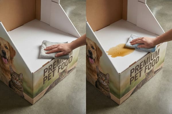 A comparative image showing a hand cleaning a white, liquid-resistant cardboard display stand for 'PREMIUM PET FOOD'. The left side shows dry crumbs being wiped with a grey cloth, while the right side shows a brown liquid spill and water droplets being cleaned with a blue cloth, highlighting the stand's easy maintenance and durability, featuring a golden retriever and a tabby cat.