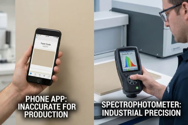 Comparison of color measurement tools: A smartphone app displaying a paint code (48070) against a beige wall, labeled 'PHONE APP: INACCURATE FOR PRODUCTION', contrasted with a person using a handheld spectrophotometer showing a Delta E value of 2.5 and a spectral curve, labeled 'SPECTROPHOTOMETER: INDUSTRIAL PRECISION'. This image demonstrates the superior accuracy of spectrophotometers for industrial color matching and quality control compared to less precise phone applications.