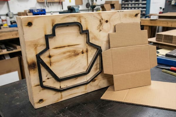 A close-up shot of a custom wooden die-cutting form with intricate metal blades, used for cutting cardboard. The form features a complex, multi-faceted shape, possibly for a box or packaging. Burn marks are visible around the laser-cut blade outline on the light-colored plywood. Next to the die, a piece of brown corrugated cardboard is partially folded, demonstrating the shape produced by the die. The background shows a blurred workshop environment with tools and stacks of cardboard, suggesting a manufacturing or crafting setting.