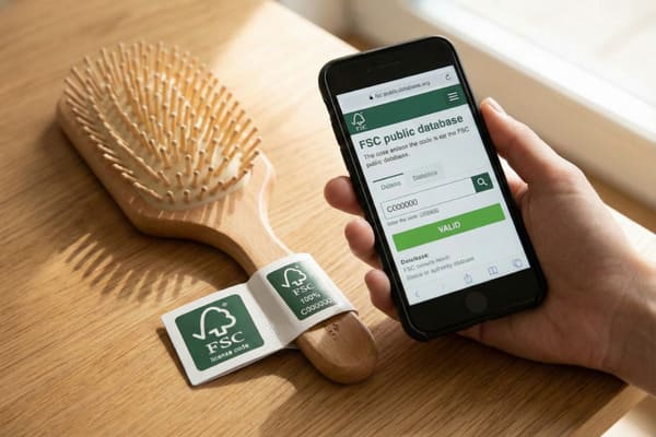 হালকা কাঠের টেবিলের উপর শুয়ে থাকা একটি কাঠের চুলের ব্রাশের হাতলে FSC (ফরেস্ট স্টুয়ার্ডশিপ কাউন্সিল) সার্টিফিকেশন লেবেল লাগানোর ক্লোজ-আপ ছবি। একজনের হাতে একটি স্মার্টফোন রয়েছে যেখানে FSC পাবলিক ডাটাবেস ওয়েবসাইট প্রদর্শিত হচ্ছে, যেখানে FSC লাইসেন্স কোডের যাচাইকরণ দেখানো হচ্ছে।