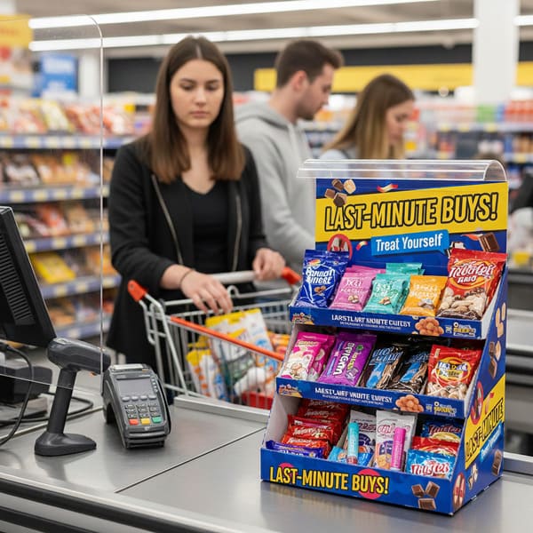 一个多层蓝黄相间的纸板销售点展示架,标有