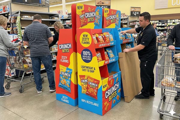 A supermarket employee in a black shirt stocks a large, colorful 'Crunch Bites' snack display with red, yellow, and blue sections in a busy grocery store aisle. The display highlights 'NEW! ZESTY FLAVORS,' '100% RECYCLABLE,' and 'LIGHTWEIGHT & EASY TO SHIP' messaging. Shoppers with carts are visible in the background, browsing other products.