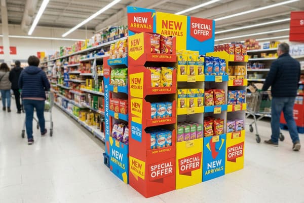 A vibrant, multi-tiered supermarket display stand in red, yellow, and blue, showcasing 'New Arrivals' and 'Special Offer' packaged snacks, cereals, and groceries in a brightly lit aisle with shoppers pushing carts.