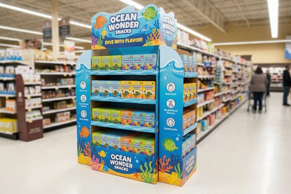 A vibrant Ocean Wonder Snacks retail display stand positioned in a grocery store aisle, showcasing boxes of Seaweed Chips and Fruit Gummies. The display features an engaging ocean theme with cartoon fish, coral, and waves, highlighting product benefits like 'Real Fruit', 'No Artificial Flavors', and 'Sustainable'. Blurred store shelves and shoppers are visible in the background, indicating a busy retail environment.