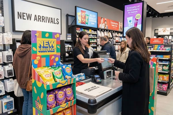 Dans un magasin moderne, une caissière en uniforme noir rend une carte de crédit bleue à une cliente en manteau noir. Au-dessus d&#39;elles, une grande pancarte blanche annonce « Nouveautés » en lettres noires. Au premier plan, un présentoir coloré expose différentes saveurs de chips Lay&#39;s. À l&#39;arrière-plan, on aperçoit d&#39;autres clients et des rayons remplis de marchandises, ainsi que des écrans numériques diffusant des publicités pour des en-cas et des produits de beauté.