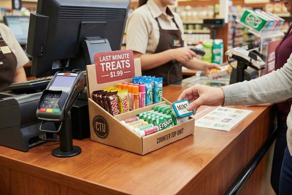 A customer's hand reaches for a blue 'MINT' tin from a 'Last Minute Treats' counter-top display box at a grocery store checkout. The display, labeled 'CTU Counter Top Unit', is filled with various impulse items including Twix candy bars, colorful lip balms, and mints. In the background, a store employee scans another item at the point-of-sale system.