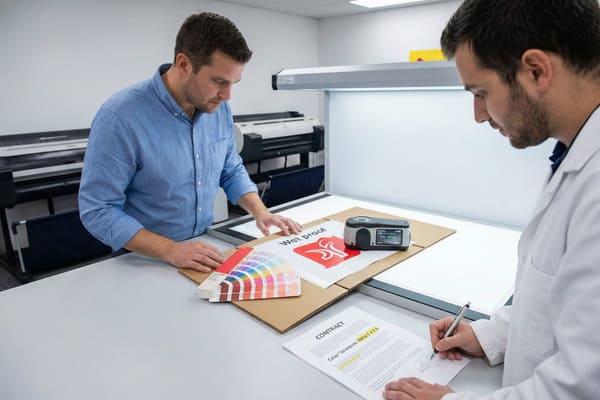 يقوم اثنان من خبراء الطباعة بإجراء فحص دقيق لجودة الألوان في استوديو حديث. يفحص رجل يرتدي قميصًا أزرق نسخةً مطبوعةً مقاومةً للرطوبة، مستخدمًا دليل ألوان بانتون وجهاز قياس الطيف الضوئي X-Rite الذي يؤكد أن قيمة "دلتا إي 1.2 - اجتياز". في الوقت نفسه، يوقع زميل له يرتدي معطفًا أبيض عقدًا، مع تسليط الضوء على "تفاوت اللون: دلتا إي < 2.0"، لضمان مطابقة دقيقة للألوان من أجل إنتاج مطبوعات عالية الجودة. تظهر طابعات كبيرة الحجم في الخلفية.