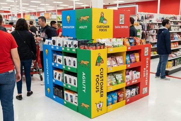 A vibrant, four-sided retail display in a busy Target store aisle, featuring distinct sections colored blue, green, yellow, and red. Each section is labeled with a business principle: 'INNOVATION' (lightbulb icon), 'AGILITY' (cheetah icon), 'CUSTOMER FOCUS' (person with shopping bags icon), and 'DATA-DRIVEN' (tablet with chart icon). The display showcases a variety of products, including consumer electronics like headphones, smart devices, and phone accessories, alongside packaged snacks and food items. Shoppers are visible in the background, browsing other aisles.