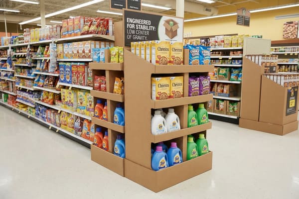 A detailed view of a brown corrugated cardboard point-of-purchase display in a brightly lit grocery store aisle. The display features multiple tiers, with boxes of Cheerios cereal on the top and middle sections, and various colored bottles of Tide laundry detergent (blue, orange, white, green) on the lower shelves. A black and white sign on the display highlights 'ENGINEERED FOR STABILITY: LOW CENTER OF GRAVITY' with an icon of a box. In the background, long supermarket shelves are stocked with a wide array of packaged food items, including cereals, snacks, and other groceries.