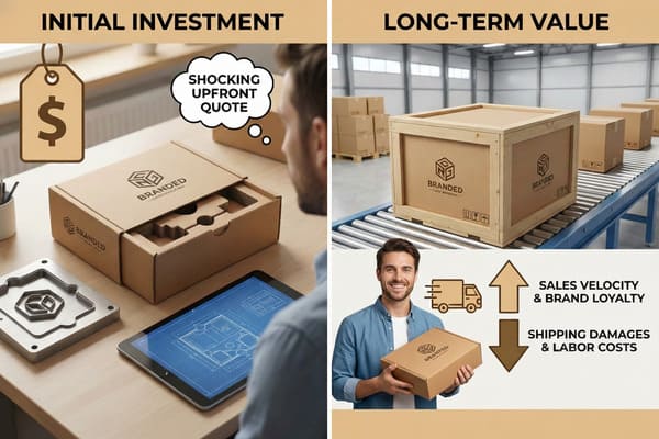 A split image comparing the initial investment versus long-term value of custom packaging. The 'Initial Investment' side shows a man looking at a custom-designed cardboard box with a 'shocking upfront quote' price tag, alongside a packaging mold and a tablet displaying a blueprint. The 'Long-Term Value' side features branded boxes on a warehouse conveyor belt, a smiling man holding a branded box, and text highlighting increased 'Sales Velocity & Brand Loyalty' and reduced 'Shipping Damages & Labor Costs', culminating in 'Savings' represented by stacks of coins. This visual emphasizes the strategic benefits of investing in quality custom packaging.