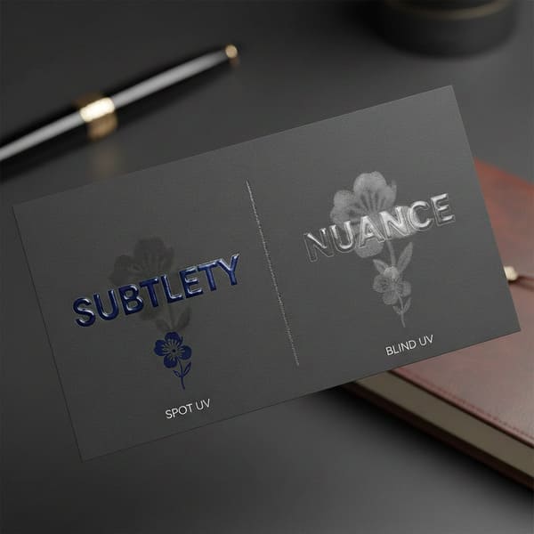 Um cartão cinza escuro exibindo duas técnicas distintas de impressão UV: 'UV LOCALIZADO' à esquerda, com texto em relevo azul escuro brilhante 'SUBTLETY' e um desenho de flor correspondente; e 'UV CEGO' à direita, com texto em relevo transparente brilhante 'NUANCE' e um desenho sutil de flor transparente. O cartão repousa sobre uma superfície escura, com uma caneta preta e dourada borrada e um caderno marrom ao fundo, ilustrando acabamentos de impressão premium.