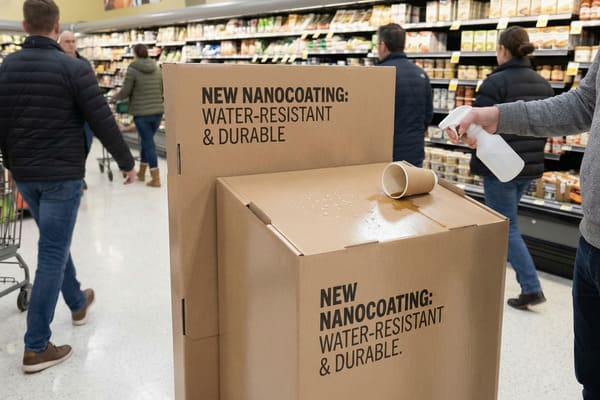 يعرض قسم المنتجات في أحد متاجر البقالة صندوقين من الورق المقوى البنيّين يحملان إعلانًا عن "طلاء نانوي جديد: مقاوم للماء ومتين". يُظهر الصندوق السفلي عرضًا توضيحيًا لكوب ورقي مقلوب، وقهوة مسكوبة، وقطرات ماء تتجمع بوضوح على سطحه، مما يُبرز خصائص المادة الطاردة للماء. وتحمل يد على اليمين زجاجة رذاذ بيضاء، في إشارة إلى عرض توضيحي عملي، مع ظهور المتسوقين ورفوف المنتجات بشكل غير واضح في الخلفية.