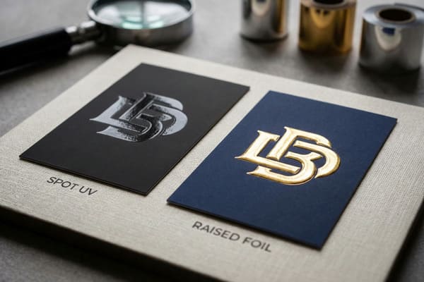 صورة مقرّبة تُظهر بطاقتي عمل فاخرتين بلمسات نهائية مميزة: بطاقة سوداء غير لامعة تحمل شعار "LB" بارزًا ولامعًا بتقنية الطباعة الموضعية بالأشعة فوق البنفسجية، وبطاقة زرقاء داكنة مزينة بشعار "LB" بارز ولامع من رقائق الذهب بتقنية الطباعة البارزة. تُعرض البطاقات على سطح قماش رمادي فاتح ذي ملمس مميز، مع عدسة مكبرة ولفائف رقائق معدنية ضبابية في الخلفية، مما يُبرز جودة الطباعة العالية وخيارات التصميم حسب الطلب.