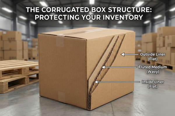 Sección transversal diagonal detallada de una caja de cartón corrugado marrón en un almacén, que ilustra claramente su estructura de tres capas: el revestimiento exterior plano, el revestimiento medio acanalado ondulado y el revestimiento interior plano, resaltando el diseño robusto para proteger el inventario durante el envío y el almacenamiento.