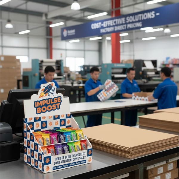 'ইমপালস বুস্ট' ব্র্যান্ডের একটি কাস্টম-প্রিন্টেড কার্ডবোর্ড পয়েন্ট-অফ-পারচেজ ডিসপ্লে, যার রকেট এবং শপিং কার্টের লোগো রয়েছে, রঙিন স্ন্যাক পাউচে ভরা। 'আইবি' চেকারবোর্ড প্যাটার্ন এবং বিক্রয় বৃদ্ধির জন্য প্রচারমূলক লেখা সম্বলিত এই ডিসপ্লেটি একটি ব্যস্ত প্যাকেজিং উৎপাদন সুবিধার একটি কাউন্টারে অবস্থিত। নীল ইউনিফর্ম পরা কারখানার কর্মীরা পটভূমিতে অন্যান্য কার্ডবোর্ড ডিসপ্লে একত্রিত করছেন, 'ব্যয়-কার্যকর সমাধান - কারখানার সরাসরি মূল্য নির্ধারণ' প্রচারের ব্যানারের নীচে, যা দক্ষ খুচরা ডিসপ্লে উৎপাদনকে তুলে ধরে।