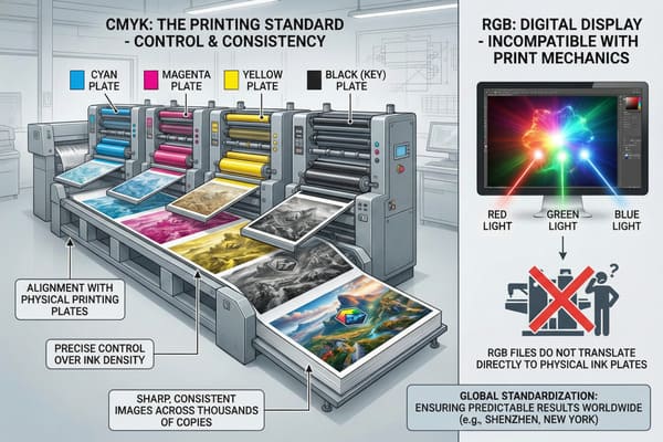 A comprehensive infographic visually comparing CMYK offset printing with RGB digital display, featuring a large industrial four-color printing press in operation, applying separate cyan, magenta, yellow, and black ink plates to produce a vibrant landscape image. The left side details CMYK as 'The Printing Standard' for 'Control & Consistency,' highlighting 'Alignment with physical printing plates,' 'Precise control over ink density,' 'Sharp, consistent images across thousands of copies,' and 'Global standardization.' The right side displays a computer monitor with an RGB color spectrum, labeled 'RGB: Digital Display - Incompatible with Print Mechanics,' showing red, green, and blue light converging, with an icon indicating that 'RGB files do not translate directly to physical ink plates,' illustrating the fundamental differences between additive and subtractive color models for print and digital media.