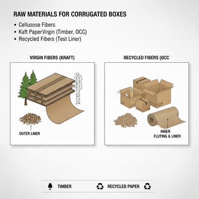Detailed infographic showcasing the raw materials used in corrugated box manufacturing. The 'VIRGIN FIBERS (KRAFT)' section illustrates the origin from timber, featuring a cross-section of corrugated board, pine trees, birch trees, and wood chips, highlighting its use for the 'OUTER LINER'. The 'RECYCLED FIBERS (OCC)' section depicts the process from old corrugated containers (OCC), showing various cardboard boxes, a pile of shredded recycled paper, and a roll of brown paper, designated for 'INNER FLUTING & LINER'. This visual guide emphasizes sustainable sourcing options for packaging materials.