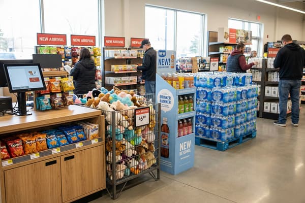 Customers browse a brightly lit, modern convenience store featuring 'New Arrival' signs, a self-checkout kiosk, shelves stocked with snacks like Doritos, a large bin of plush toys, and displays of bottled water and juices.