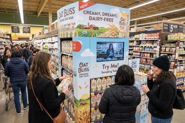 Ein auffälliges Werbedisplay für Oat Bliss Bio-Hafermilch sticht in einem belebten Supermarktgang sofort ins Auge. Das große, blau-weiße Display wirbt mit den Worten „NEU!“, „CREMIG, TRAUMHAFT, LAKTOSEFREI“, zeigt eine malerische Bauernhofszene mit einer roten Scheune und das Bio-Siegel des US-Landwirtschaftsministeriums. Auf einem Bildschirm ist eine Frau zu sehen, und der Text lautet: „Probier mich! Heute im Angebot.“ Mehrere Kunden haben sich um das Display versammelt. Eine Frau in einem schwarzen Mantel betrachtet einen Oat-Bliss-Karton, während eine andere Frau mit schwarzer Mütze die Hafermilch aus einem kleinen weißen Becher probiert. Im Hintergrund reihen sich Regale mit verschiedenen Lebensmitteln aneinander, und weiter hinten im Gang sind weitere Kunden zu sehen.