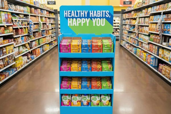 Un expositor azul vibrante en el pasillo de un supermercado, con el lema "HÁBITOS SALUDABLES, FELIZ" en su cabecera. El expositor está repleto de diversas barritas saludables en cajas de colores (rosa, amarillo, azul, rojo y verde) en los tres estantes superiores, y bolsitas de puré de frutas en el estante inferior. El fondo muestra estantes borrosos llenos de diversos productos, lo que indica una amplia selección.