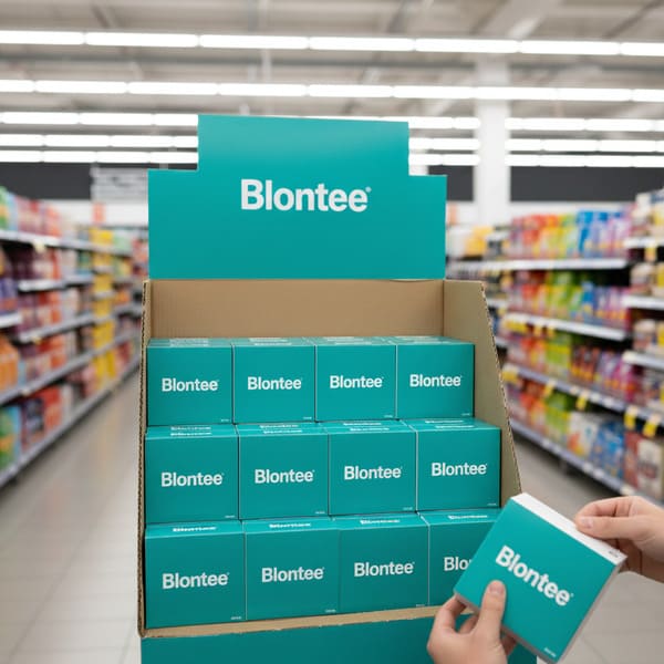 В хорошо освещенном проходе супермаркета стоит рекламная витрина Blontee, изготовленная из прочного гофрированного картона. Витрина имеет заметный бирюзовый заголовок с белым логотипом «Blontee» и заполнена несколькими рядами небольших прямоугольных коробок с продукцией Blontee. Каждая коробка упакована в одинаковый бирюзовый цвет с логотипом «Blontee». На фотографии покупатель активно трогает витрину, осторожно доставая одну из коробок с продукцией Blontee. На заднем плане видны размытые полки продуктового магазина, заполненные разнообразными товарами, что указывает на оживленную торговую среду.