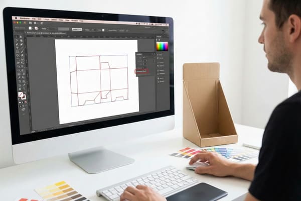 Графический дизайнер работает над индивидуальным вырезанным шаблоном упаковки в Adobe Illustrator на iMac, используя в качестве прототипа реальную картонную коробку и образцы цветов на чистом белом столе, демонстрируя рабочий процесс разработки дизайна упаковки.