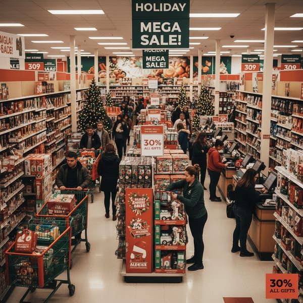 Vista aérea de uma loja movimentada durante uma "Mega Liquidação de Fim de Ano", mostrando diversos clientes empurrando carrinhos de compras verdes repletos de presentes. Grandes banners suspensos exibem com destaque a frase "MEGA LIQUIDAÇÃO DE FIM DE ANO!" e árvores de Natal festivas com luzes decoram os corredores. No corredor central, um expositor vermelho anuncia "30% DE DESCONTO EM TODOS OS PRESENTES" e "PRESENTES E DECORAÇÃO DE FIM DE ANO", onde uma funcionária com uniforme verde-escuro organiza as mercadorias. Vários caixas à direita estão movimentados com clientes e operadores de caixa, cercados por prateleiras repletas de produtos e itens para presentes com temática natalina.
