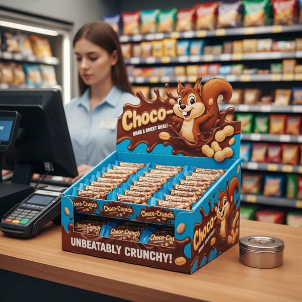 'চোকো-ক্রাঞ্চ' ব্র্যান্ডের একটি নীল এবং বাদামী কার্ডবোর্ডের পয়েন্ট-অফ-সেল ডিসপ্লেতে হালকা কাঠের চেকআউট কাউন্টারে অসংখ্য পৃথকভাবে মোড়ানো চকোলেট স্ন্যাক বার দেখানো হয়েছে। ডিসপ্লের হেডারে চিনাবাদামের সমৃদ্ধ চকোলেট স্প্ল্যাশ থেকে বেরিয়ে আসা একটি কৌতুকপূর্ণ কার্টুন কাঠবিড়ালি মাসকট রয়েছে, যার পাশে লেখা আছে 'চোকো- একটি মিষ্টি চুক্তি ধরুন!'। ডিসপ্লের নীচে স্পষ্টভাবে লেখা আছে 'অপ্রতিরোধ্যভাবে কুঁচকে!'। পটভূমিতে, হালকা নীল ইউনিফর্ম পরা একজন মহিলা মুদি দোকানের ক্যাশিয়ার একটি কালো পিওএস টার্মিনালে কাজ করছেন, দোকানের আইলের পাশে রঙিন প্যাকেজ করা খাবারের ঝাপসা তাক রয়েছে।