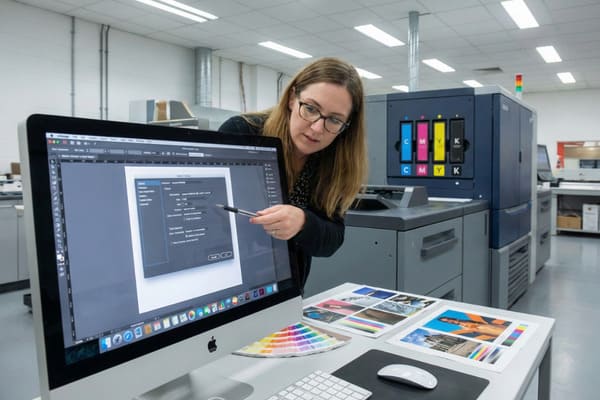 চশমা পরা একজন মহিলা গ্রাফিক ডিজাইনার একটি বৃহৎ অ্যাপল আইম্যাক মনিটরের অ্যাডোবি ইনডিজাইন ডায়ালগ বক্সের দিকে একটি কলম তাক করছেন, যেখানে রঙ রূপান্তর সেটিংস দেখা যাচ্ছে। ডেস্কে, রঙের নমুনা এবং ছবি সহ মুদ্রিত প্রমাণ এবং CMYK রঙের বার রয়েছে। পটভূমিতে, দৃশ্যমান CMYK কালি কার্তুজ সহ একটি বৃহৎ শিল্প ডিজিটাল প্রিন্টিং প্রেস উপস্থিত রয়েছে, যা একটি পেশাদার মুদ্রণ উৎপাদন পরিবেশের ইঙ্গিত দেয়।