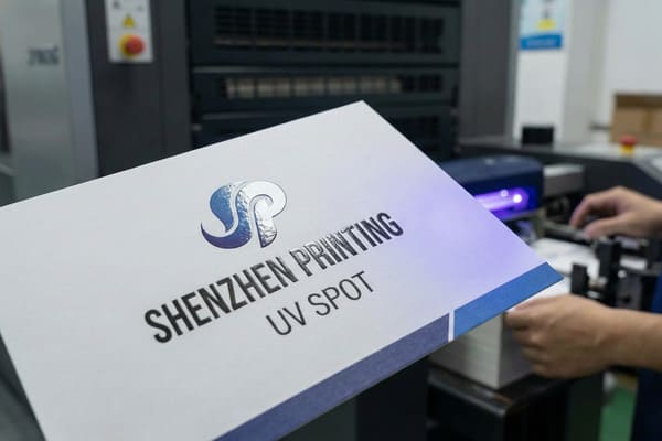 صورة مقرّبة لعينة ورق أبيض تحمل شعار "SP" بارزًا ومنمّقًا، مع طبقة لامعة زرقاء وفضية بتقنية الأشعة فوق البنفسجية، إلى جانب عبارة "SHENZHEN PRINTING UV SPOT" مطبوعة بطبقة عاكسة بارزة بتقنية الأشعة فوق البنفسجية. تُظهر الخلفية مطبعةً مزودة بآلات صناعية، وأيدي عامل، ومصباحًا أزرقًا للأشعة فوق البنفسجية ينبعث منه ضوء أرجواني، مما يُبرز عملية الطباعة والتجفيف بالأشعة فوق البنفسجية للحصول على تشطيبات طباعة عالية الجودة.