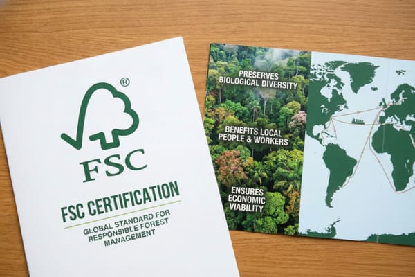 হালকা বাদামী কাঠের টেবিলের উপর দুটি নথি, একটিতে সবুজ FSC লোগো এবং 'দায়িত্বশীল বন ব্যবস্থাপনার জন্য FSC সার্টিফিকেশন গ্লোবাল স্ট্যান্ডার্ড' লেখা রয়েছে। অন্য নথিতে 'জৈবিক বৈচিত্র্য সংরক্ষণ করে', 'স্থানীয় মানুষ ও শ্রমিকদের সুবিধা', 'অর্থনৈতিক কার্যকারিতা নিশ্চিত করে', এবং শিপিং রুট সহ একটি বিশ্ব মানচিত্র এবং 'ব্র্যান্ড খ্যাতি এবং বাজারে প্রবেশাধিকার রক্ষা করে' লেখা একটি স্ট্যাম্প আইকন সহ একটি ঘন সবুজ বনের আকাশ দৃশ্য প্রদর্শিত হয়।