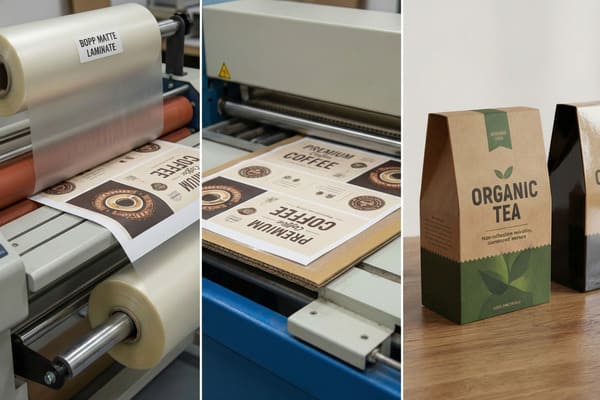A three-panel image illustrating the packaging production process. The left panel shows a roll of BOPP matte laminate film being applied to printed sheets featuring 'Premium Coffee' designs on a laminating machine. The middle panel displays more laminated 'Premium Coffee' sheets on the machine's output tray. The right panel showcases finished brown and green 'Organic Tea' packaging with a non-reflective, velvety texture, alongside a partially visible darker package, demonstrating the final product of the lamination process.