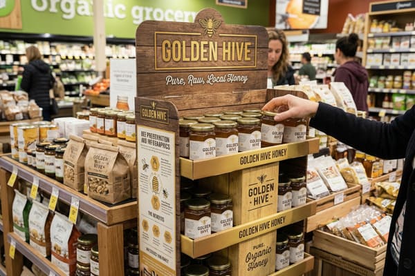 A detailed shot of a Golden Hive honey retail display in a brightly lit organic grocery store, showing a customer's hand selecting a jar of 'Pure, Raw, Local Honey'. The multi-tiered wooden display features numerous hexagonal jars of Golden Hive honey, along with craft paper bags of Golden Hive organic nuts. A prominent sign on the display reads 'Golden Hive Pure, Raw, Local Honey' and includes a bee logo. An infographic panel on the side highlights bee preservation and honey benefits. Other shoppers and grocery aisles are visible in the blurred background.