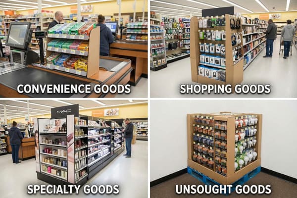 A four-panel image illustrating different types of consumer goods in a retail store. The top-left panel shows convenience goods like candy and gum at a checkout counter. The top-right panel displays shopping goods such as headphones and electronics accessories on a display in a store aisle. The bottom-left panel features specialty goods, specifically a MAC cosmetics and perfume display. The bottom-right panel presents unsought goods like batteries and light bulbs on a pallet display against a white wall.