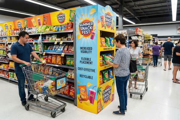 A man and a woman shopping for various chips and snacks in a brightly lit grocery store aisle, with a large blue and yellow 'Summer Snack Fest' endcap display showcasing Lay's products and promotional benefits like increased visibility and cost-effectiveness. Other shoppers are visible in the background.