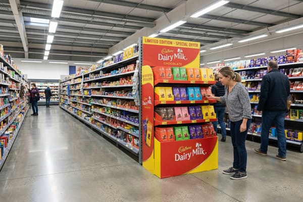 Eine Frau in gemustertem Hemd und Jeans wählt in einem hell erleuchteten Supermarkt einen Schokoriegel aus einem großen, rot-gelben Cadbury Dairy Milk-Sonderangebotsständer. Der Ständer präsentiert mehrere Reihen bunter Cadbury-Schokoriegel. Im Hintergrund erstrecken sich lange Regale mit verschiedenen Lebensmitteln, und man sieht andere Kunden. Der Laden hat eine hohe Decke im Industriestil mit Leuchtstoffröhren und einen polierten Betonboden.