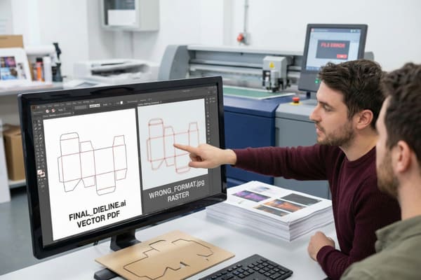 Два дизайнера сравнивают векторные и растровые файлы высечек на экране компьютера для производства упаковки. Слева отображается чёткий файл «FINAL_DIELINE.ai VECTOR PDF», а справа — пикселизированный файл «WRONG_FORMAT.jpg RASTER». На заднем плане — режущий станок и монитор с сообщением «ОШИБКА ФАЙЛА», подчёркивающие важность правильных форматов файлов для производства.