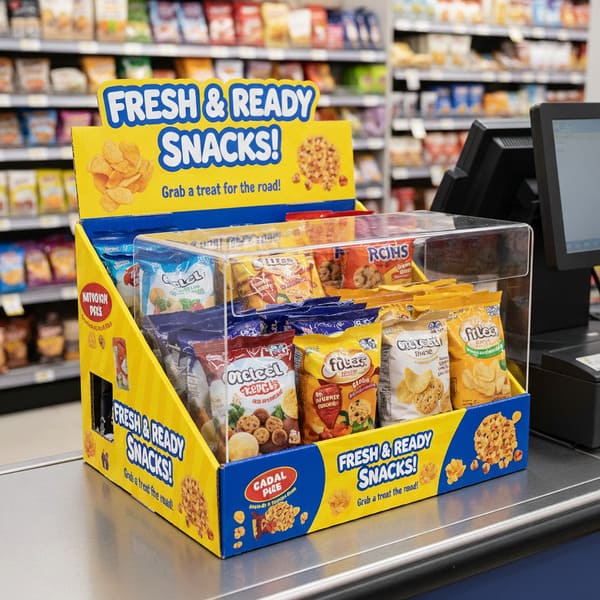 一个醒目的黄蓝相间纸板销售点展示架,摆放在灰色的超市收银台上,展示着琳琅满目的独立包装零食。展示架配有透明亚克力罩,罩内陈列着来自 Olcay Kepek 和 Füles 等品牌的各种薯片、饼干和薄脆饼干。醒目的蓝色标题写着“新鲜即食零食!”和“路上吃点零食!”,旁边还配有诱人的金黄色薯片和香脆谷物片的插图。背景是模糊的超市货架,上面摆满了各种食品和一个黑色收银机,突显了该展示架旨在促进冲动消费的战略性摆放位置。