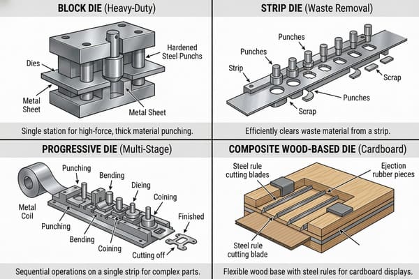 An illustration showcasing four types of industrial dies: a Block Die for heavy-duty, single-station punching of thick metal sheets using hardened steel punches; a Strip Die for efficient waste material removal from a metal strip using punches; a Multi-Stage Progressive Die performing sequential operations like punching, bending, dieing, and coining on a metal coil to create complex finished parts; and a Composite Wood-Based Die with steel rule cutting blades and ejection rubber, designed for cutting cardboard displays.