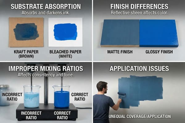 A four-panel image demonstrating factors affecting paint color and application. The top left shows blue paint on absorbent kraft paper appearing darker than on bleached white paper. The top right compares a dull matte blue finish to a vibrant glossy blue finish. The bottom left illustrates improper mixing ratios with a pale, inconsistent blue mixture versus a rich, evenly mixed blue. The bottom right shows a person applying blue paint to a wall with uneven coverage and streaks.